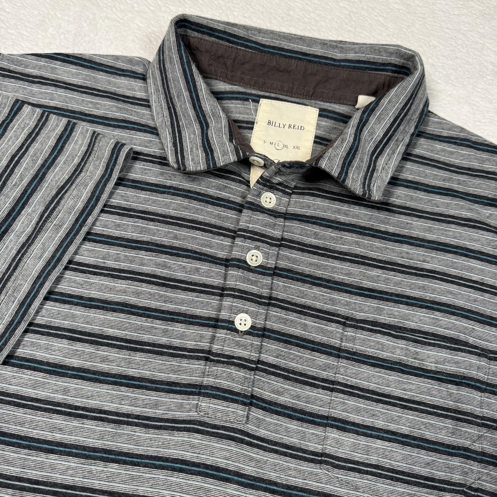 Billy Reid Polo Shirt Mens Large Gray Striped Knit Pocket Short Sleeve Casual